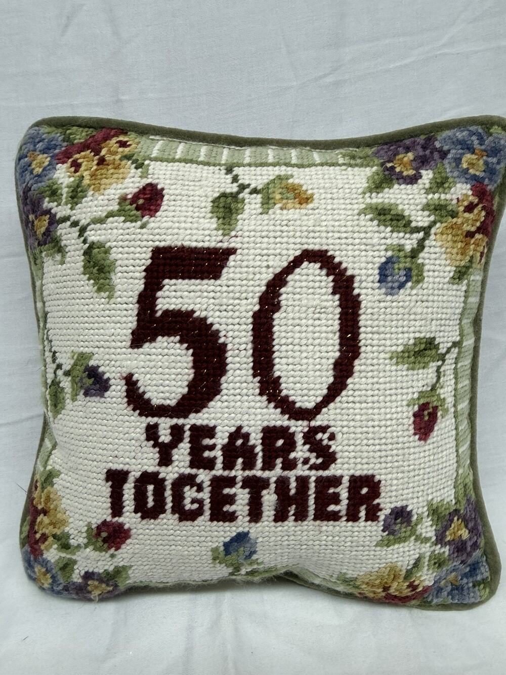 Needlepoint Mini 9" Toss Pillow Square 50 Years Together Moss Green Velvet Back